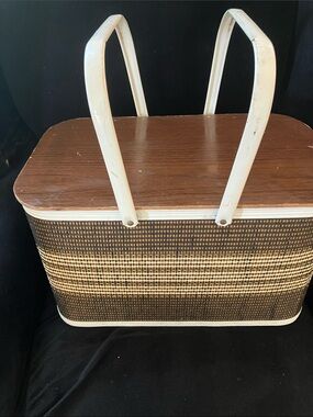 Vintage Woven Picnic Basket with White Handles